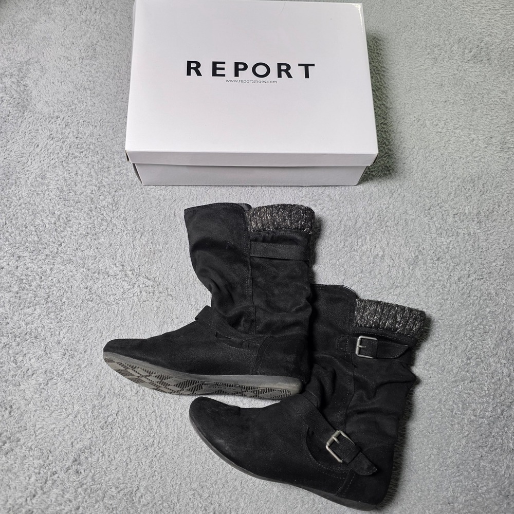 Report Womens 7 Elijah Slouch Boots Black Faux Suede Knit Cuff Buckle Straps
